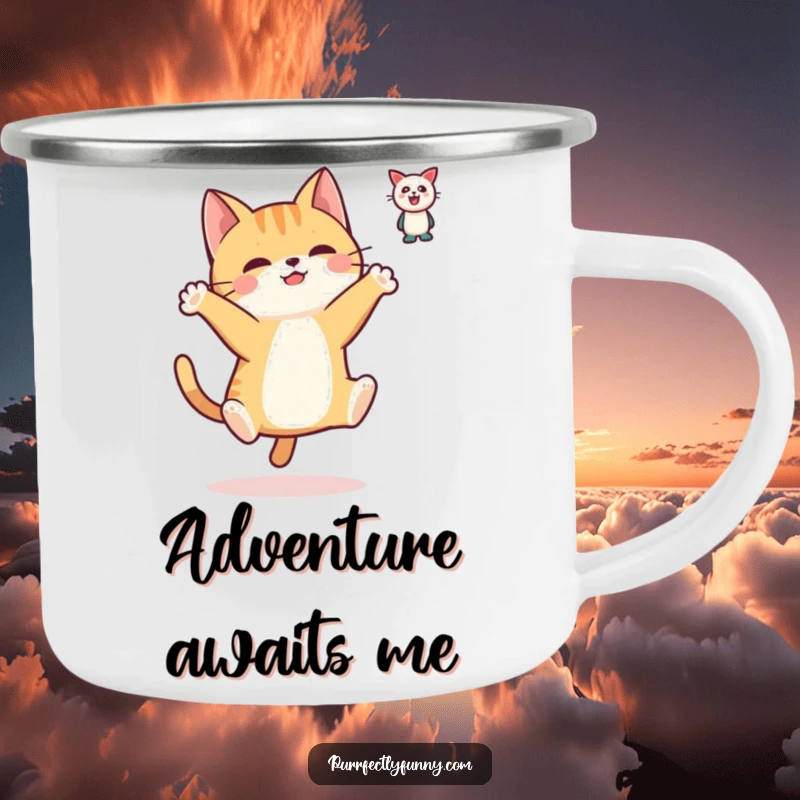 Funny camping mug with a simplified cat character in a lively leap towards a floating toy, ideal for adventurers who love humor.