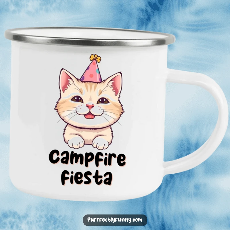 Funny camping mug with a cat wearing a tilted party hat and a comical grin, perfect for festive outdoor drinks.