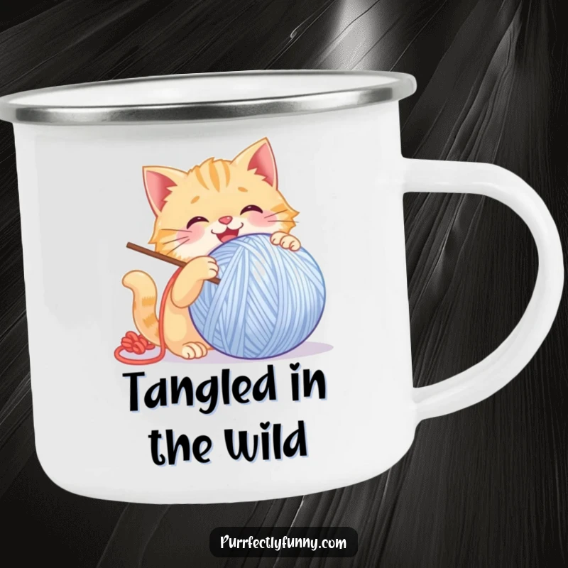 Funny Cat Camping Mug: Sturdy enamel mug with a funny graphic of a cat batting a giant, smiling ball of yarn outdoors.