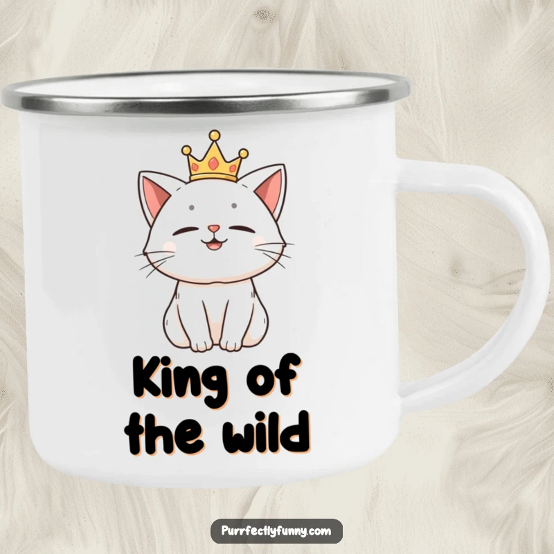 Funny camping mug with a proud cat character wearing a small crown, looking amused.