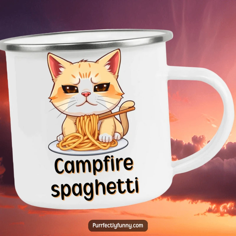 Funny cat with a goofy expression eating spaghetti on a durable enamel camping mug, perfect for outdoor foodies.