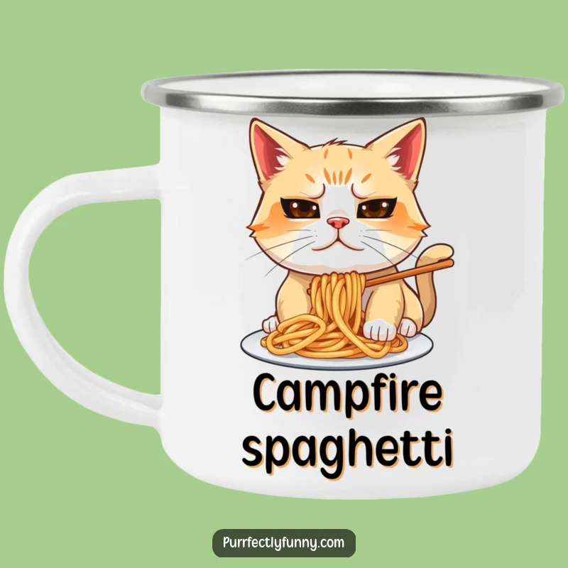 Funny Spaghetti Cat Camping Mug: Hilarious Messy Feline Enamel Mug for Outdoors