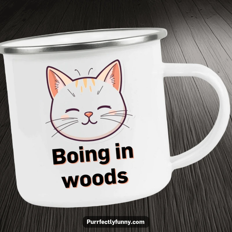 Funny camping mug showing a whimsical cat head with whiskers designed as playful springs, perfect for adding a bounce to your outdoor coffee breaks.