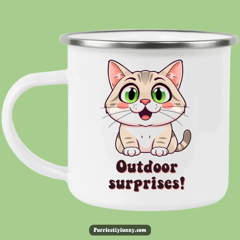 Funny Surprised Cat Camping Mug: Hilarious Wide-Eyed Kitty Enamel Mug for Adventures