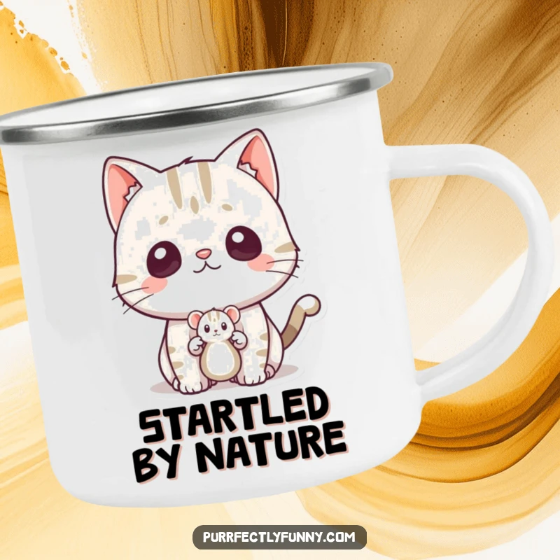 Funny surprised cat camping mug, depicting a cat's comical shock at a toy mouse, durable and humorous for outdoor use.