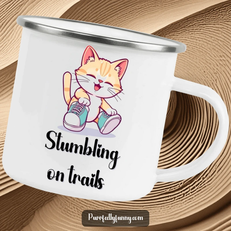 Funny cat wearing oversized shoes and tripping playfully on a durable enamel camping mug, perfect for outdoor humor.