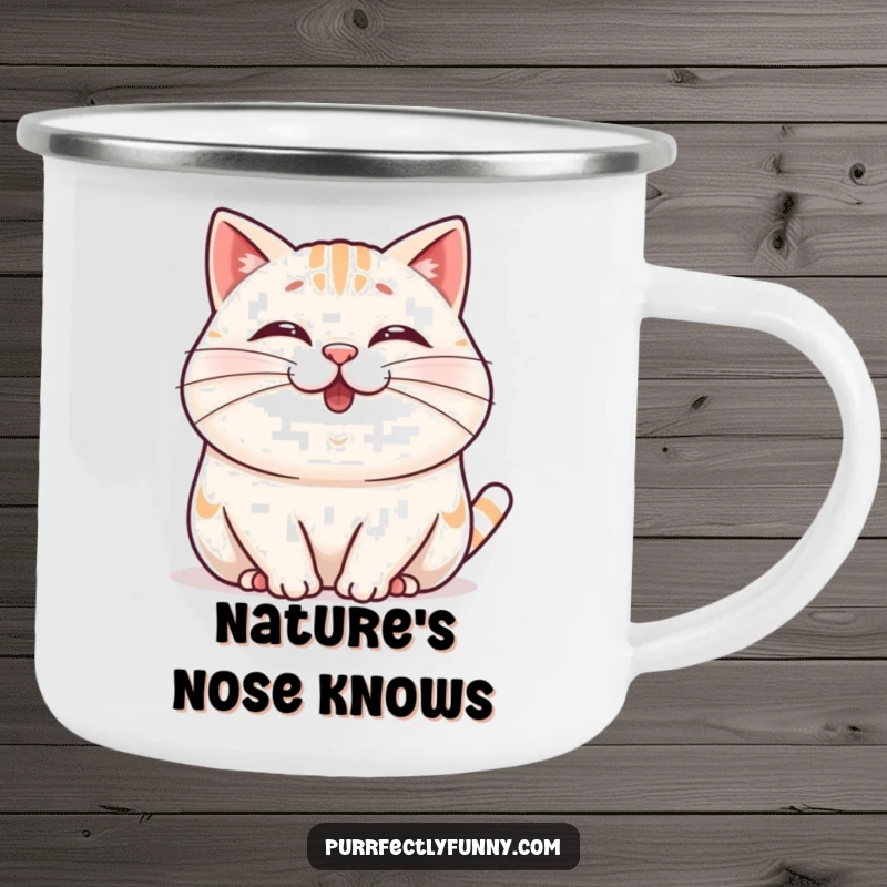 Funny Wobbly Whisker Cat Camping Mug featuring a plump, cheerful cat wiggling its nose and a long whisker, perfect for outdoor sipping.