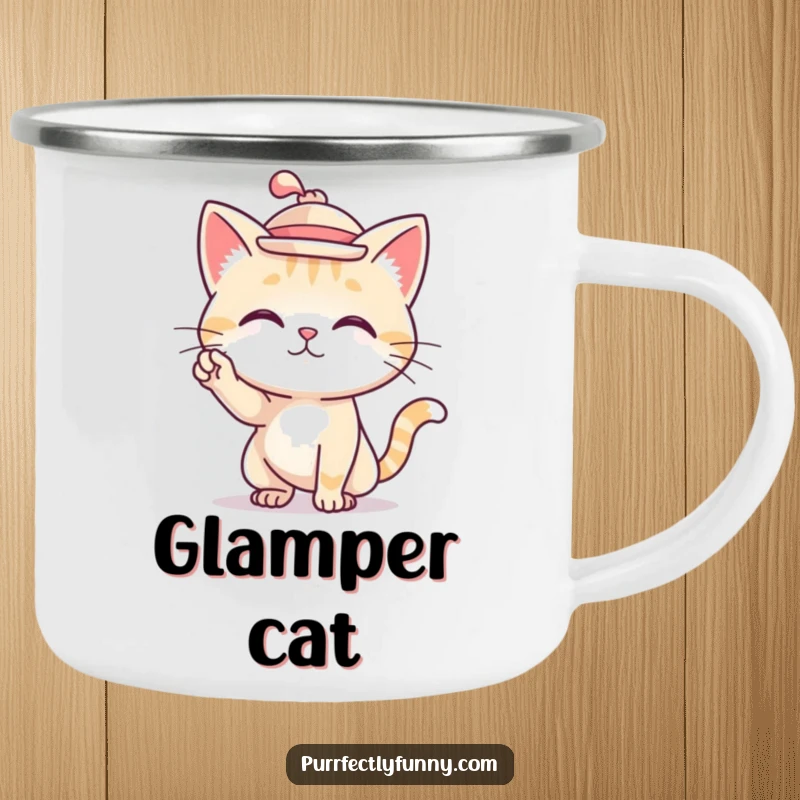 Funny camping mug showing a cat wearing a tiny hat and striking a pose in an outdoor setting.