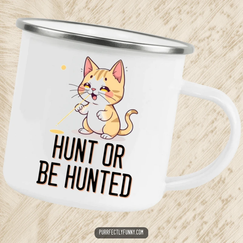Funny cat camping mug, a cartoon cat looking exhausted but determined, chasing a red laser dot under the stars, ideal for adventures.
