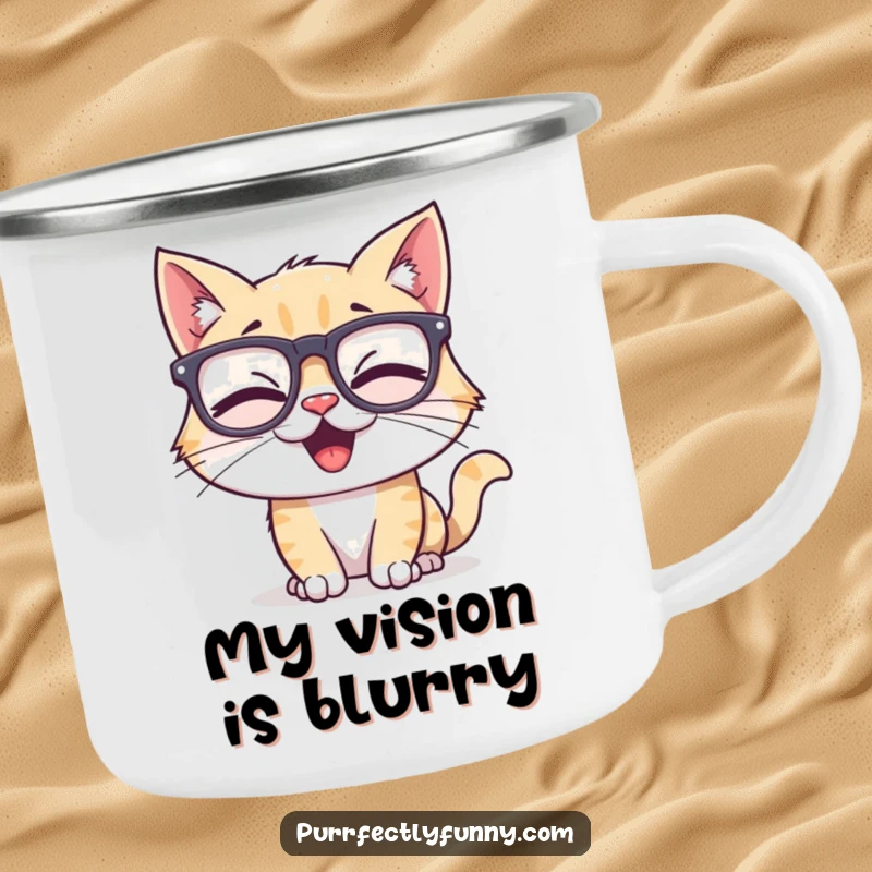 Funny camping mug depicting a laughing cat character wearing oversized, silly glasses, ready for outdoor adventures and warm beverages.