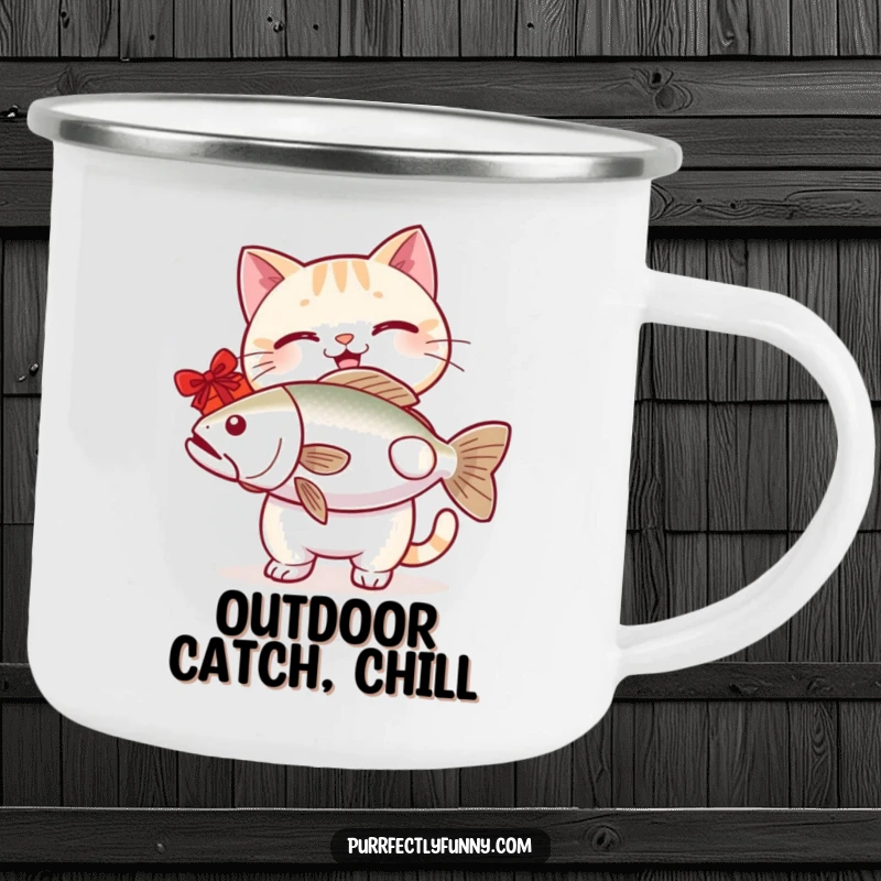 Funny cat camping mug illustrating a happy cat giving a large fish, perfect for enjoying beverages outdoors with a laugh.