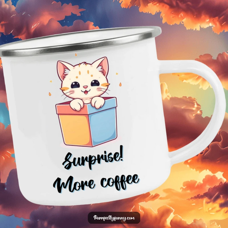 Funny cat character bursting out of a gift box, on a durable camping mug for outdoor enjoyment.