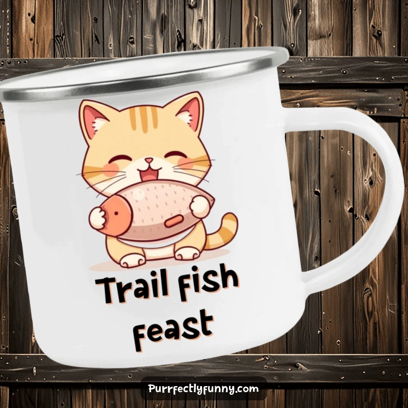 Funny Cat Camping Mug: A cat wearing a bib joyfully eats a giant fish treat, durable and humorous for outdoor enthusiasts.