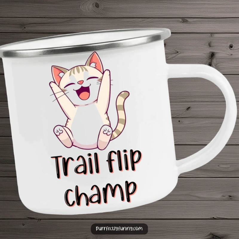 Funny delighted cat camping mug, showing a cat performing a comical somersault with pure joy, perfect for outdoor enthusiasts.