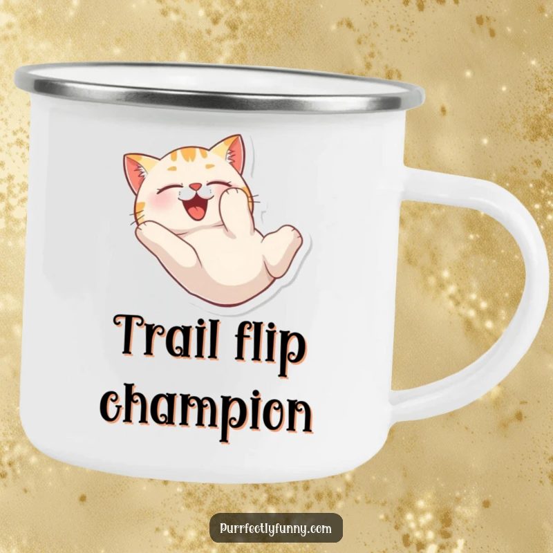 Funny camping mug with a cat tumbling head over heels with delight, perfect for outdoor fun.