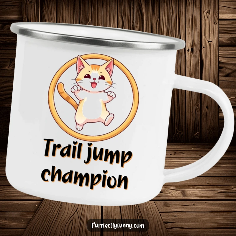 Funny, rugged camping mug depicting a cat soaring through a hoop with ultimate triumph, for the adventurous spirit.