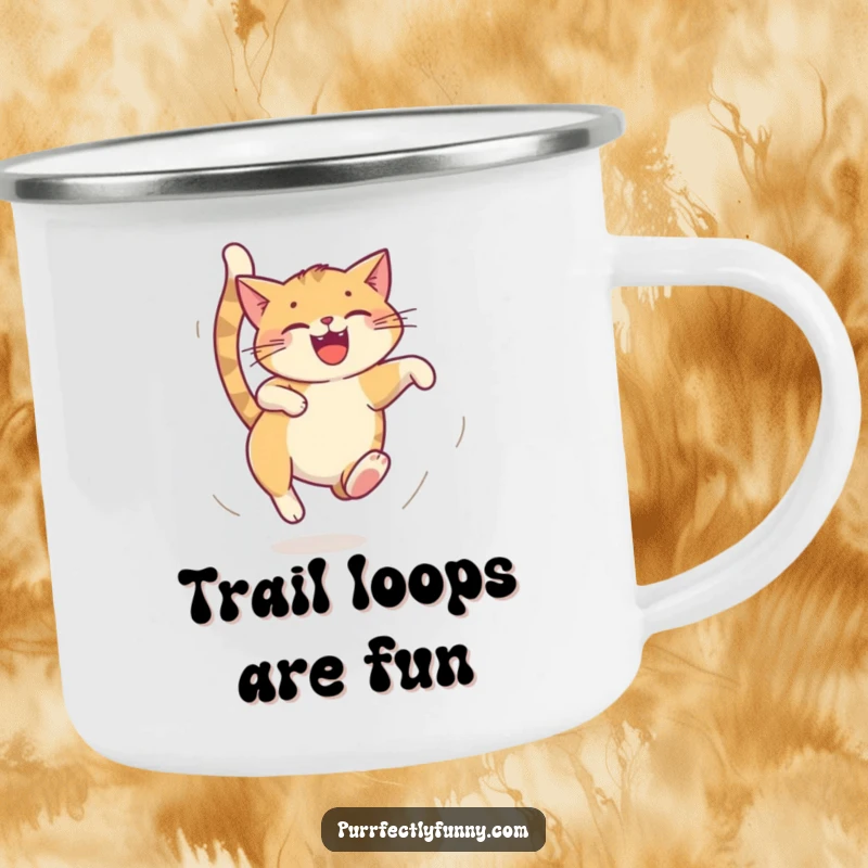 Funny cat camping mug, cat chasing its tail in a dizzy loop, humorous outdoor gear, perfect funny gift.