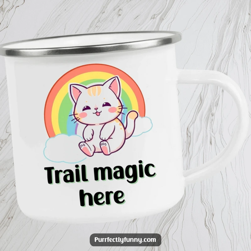 Funny cat with a happy expression, sliding down a rainbow, perfect for a magical and whimsical camping mug.