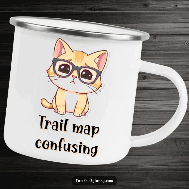 Funny cat with oversized glasses, looking comically confused, on an enamel camping mug.