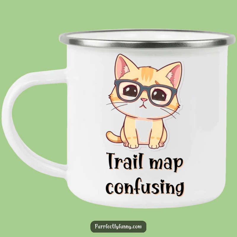 Funny Confused Cat Camping Mug: Hilarious Bewildered Feline Enamel Mug for Lost Adventures
