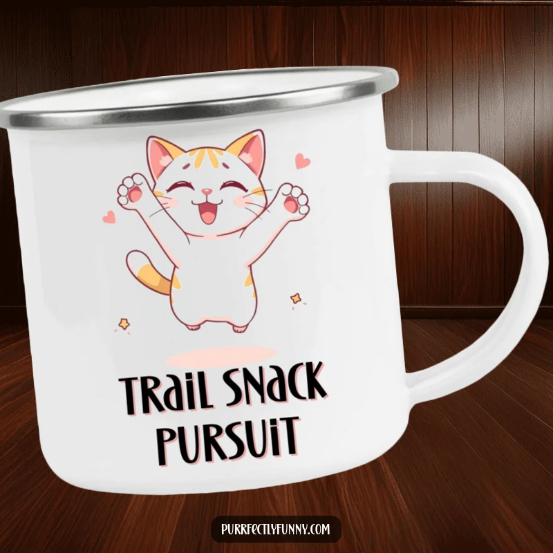 Funny cat camping mug: a cat character leaping with outstretched paws, chasing an imagined treat during camping, looking energetic.