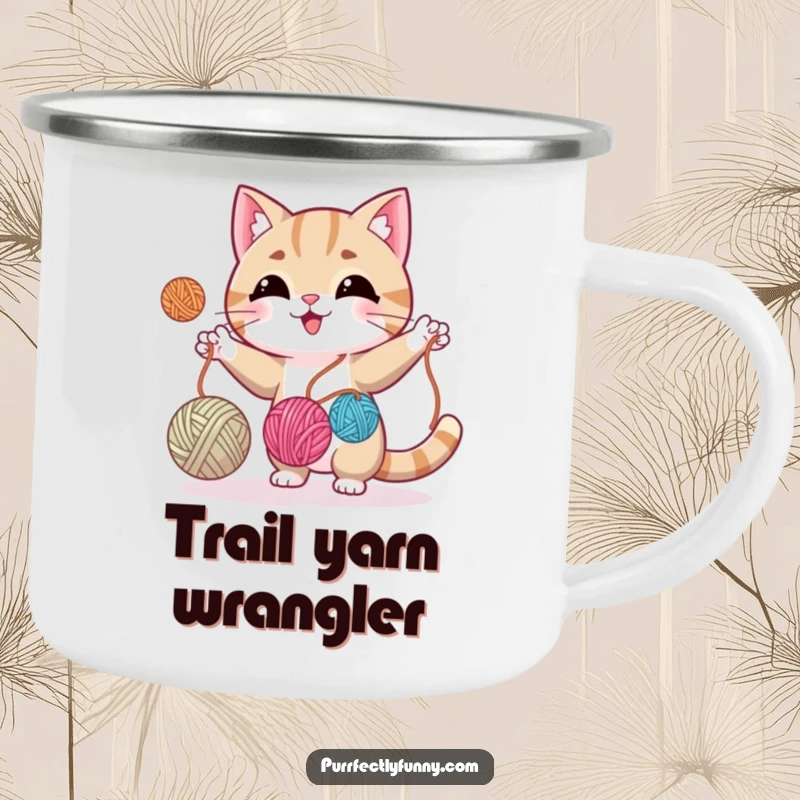 Funny cat juggling yarn balls, making this durable camping mug a perfect blend of craft and adventure.