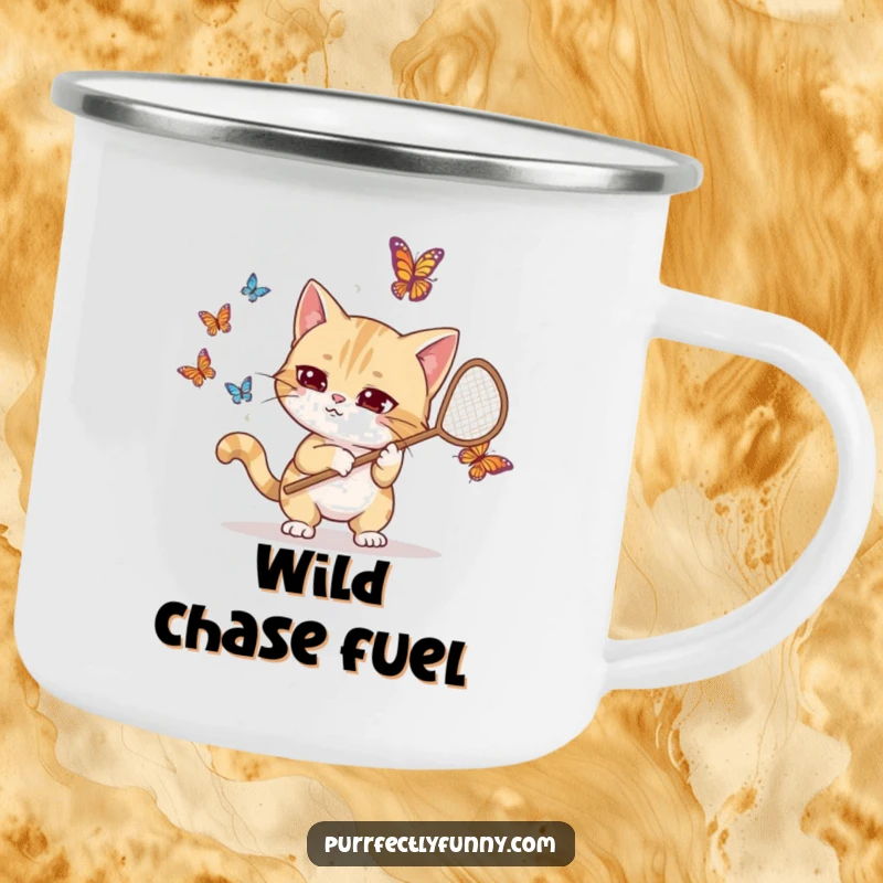 Funny camping mug illustration of a goofy cat with a net, humorously pursuing butterflies, designed for outdoor fun and laughter.