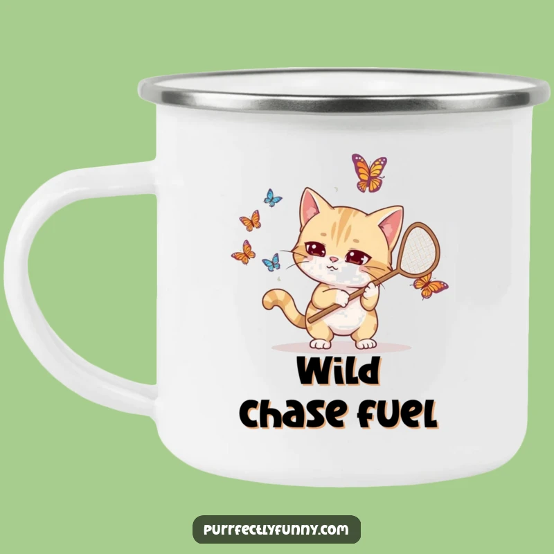 Funny Goofy Cat Butterfly Net Camping Mug: Adventure-Ready Hilarious Gift