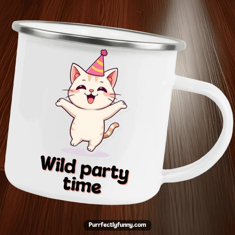Funny cat in a party hat, bouncing with excitement, perfect for a durable and humorous camping mug.