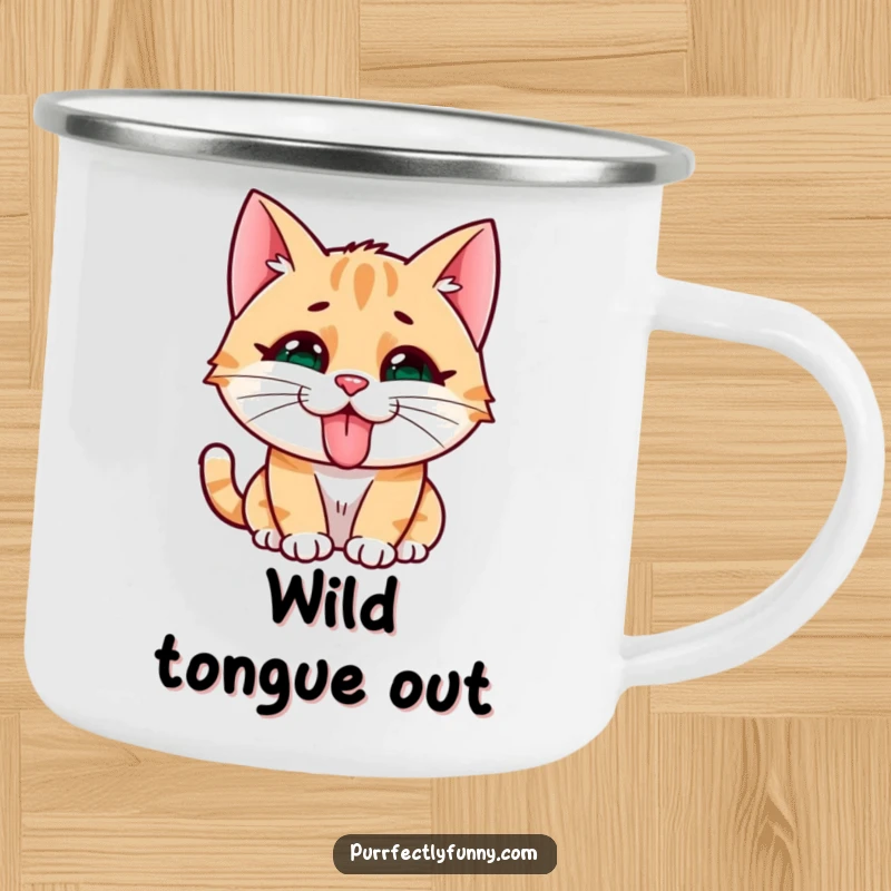 Funny cat character making a silly face with tongue out, on a durable camping mug for adventures.