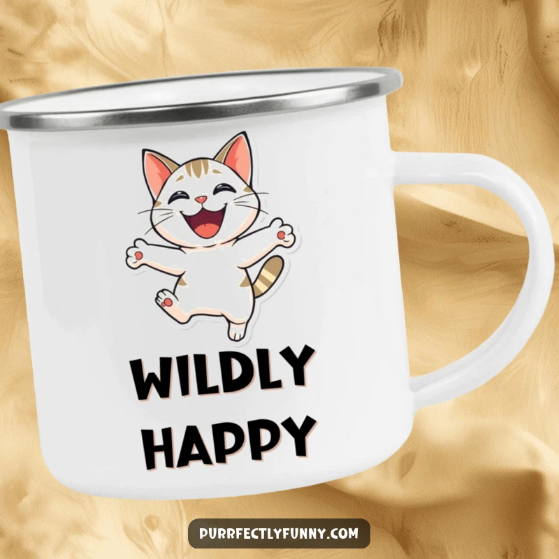 Funny cat capturing pure joy in a leap, perfect for a durable and humorous camping mug.