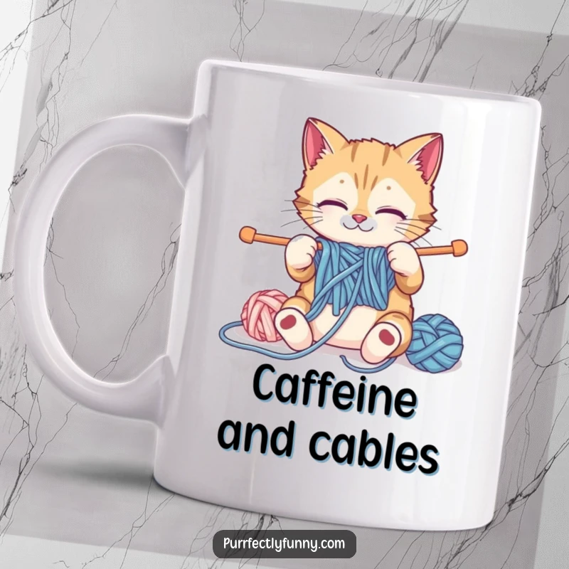 Funny cat struggling to knit with giant yarn and needles, expressing comical effort, ideal for a funny mug gift.