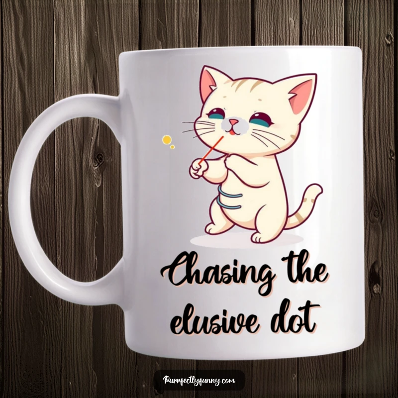 Funny mug depicting a cat with its body coiled like a spring, intensely focused on playfully chasing a tiny laser pointer dot.