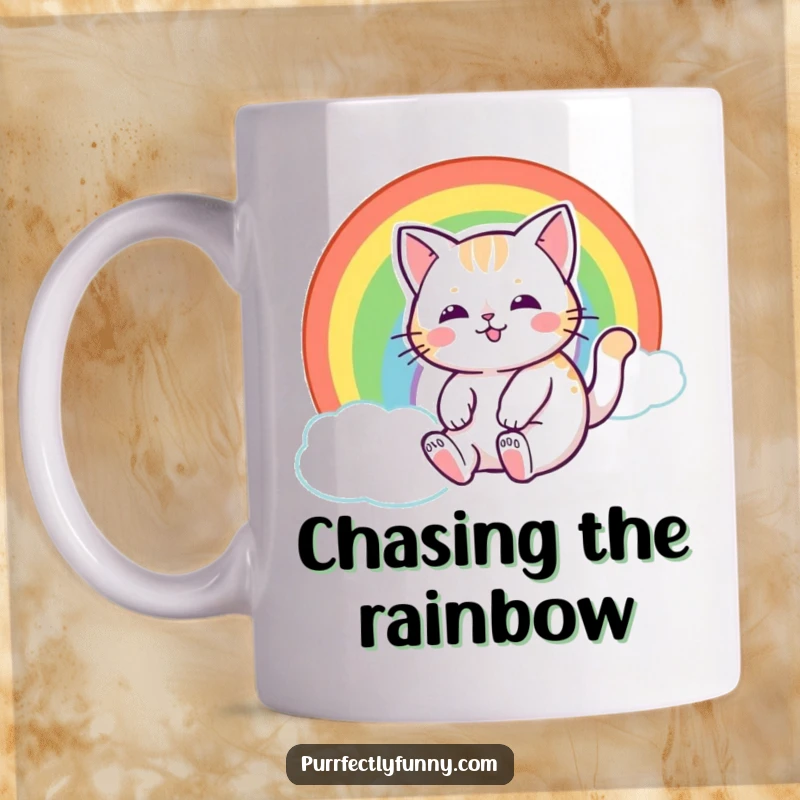 Funny cat with a happy expression, joyfully sliding down a vibrant rainbow on this whimsical mug.