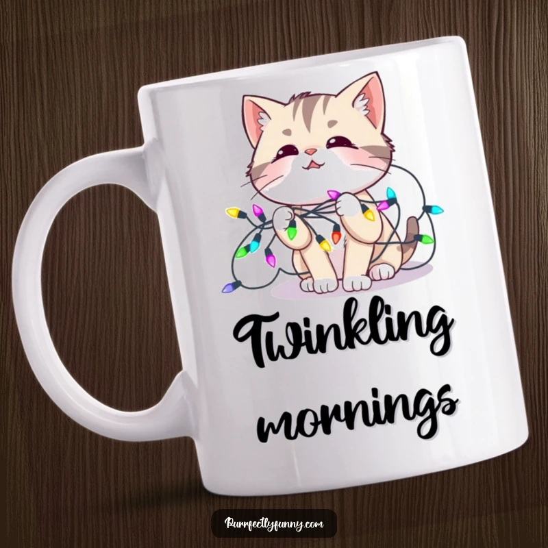 Funny mug illustration of a cat happily tangled in a string of colorful festive lights, wearing an amused expression.