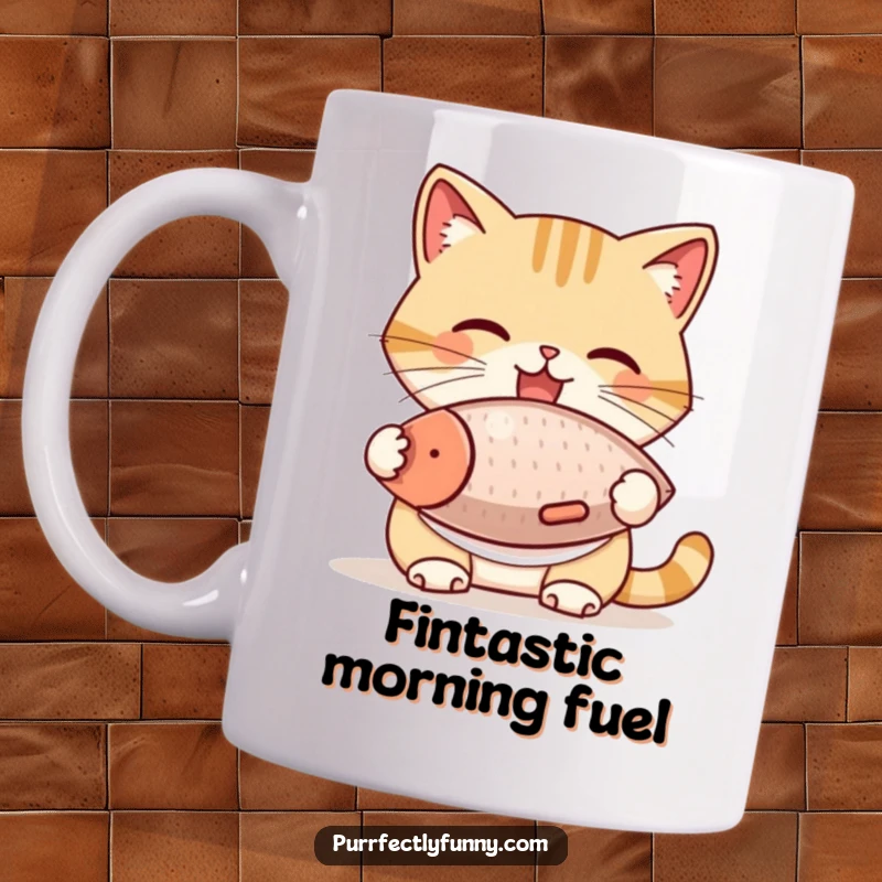 Funny Cat Mug: A hungry cat in a bib joyfully eats a huge fish treat, capturing a moment of pure delight and gluttony.