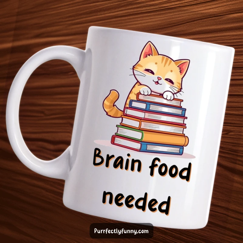 Funny Cat Mug: A cat hilariously struggles to balance a tall stack of books, showcasing a comical attempt at intellectual prowess.