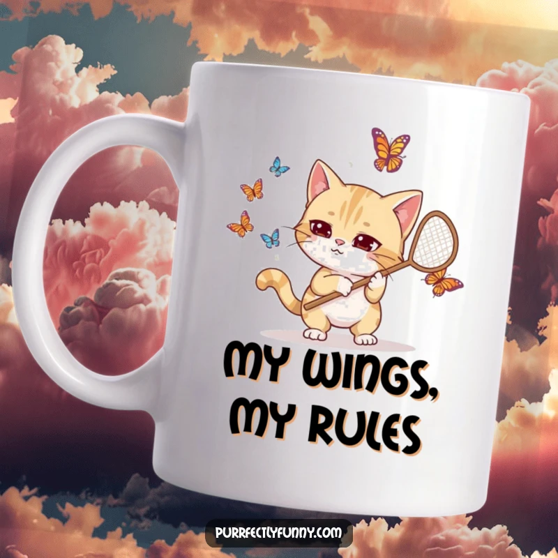 Funny mug featuring a goofy cat wearing a net, determinedly trying to catch colorful butterflies, showcasing playful clumsiness.