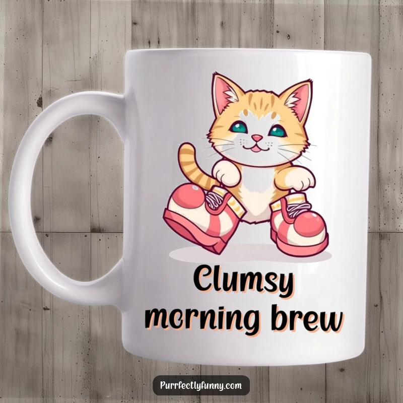 Funny mug featuring a cat wearing huge clown shoes and tripping adorably, a comical and heartwarming scene.