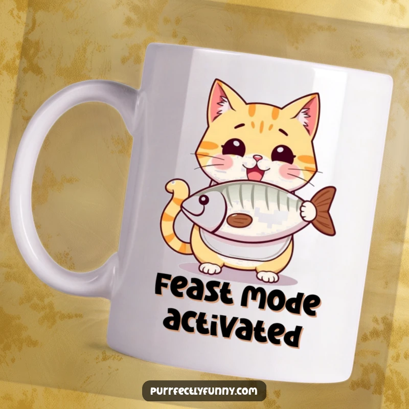 Funny cat mug, a cartoon cat wearing a bib, eyes wide with excitement, staring at a comically oversized fish treat, ready to devour.