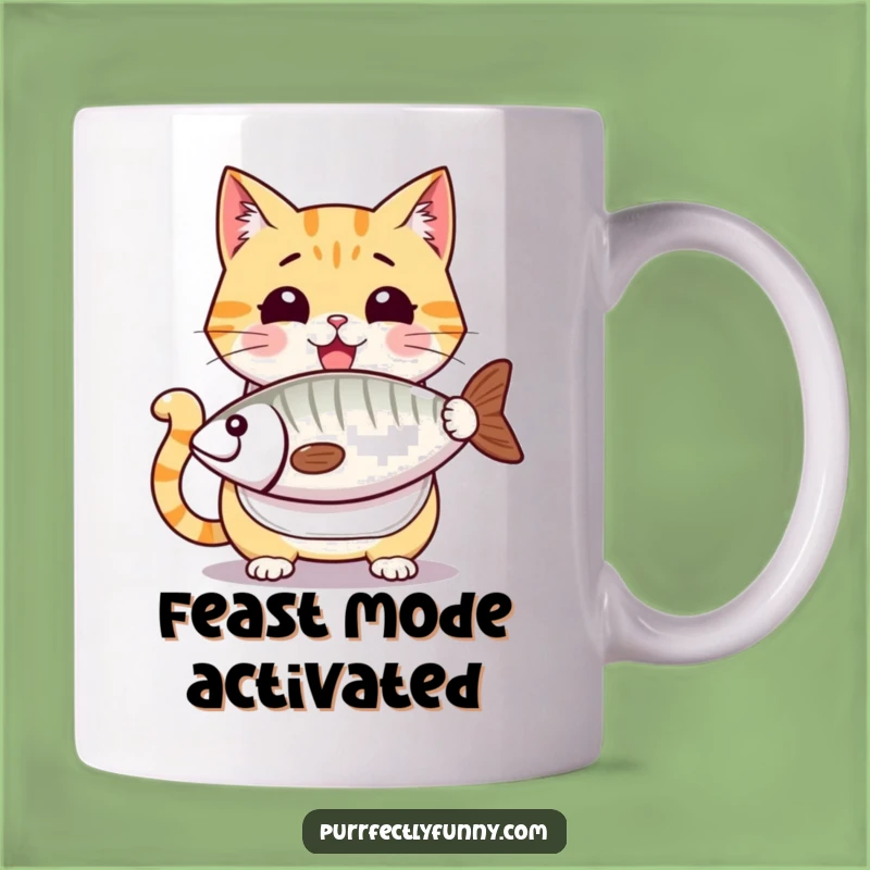 Funny Cat Feast Mug - Eager Anticipation of Giant Fish, Perfect Gift for Foodies