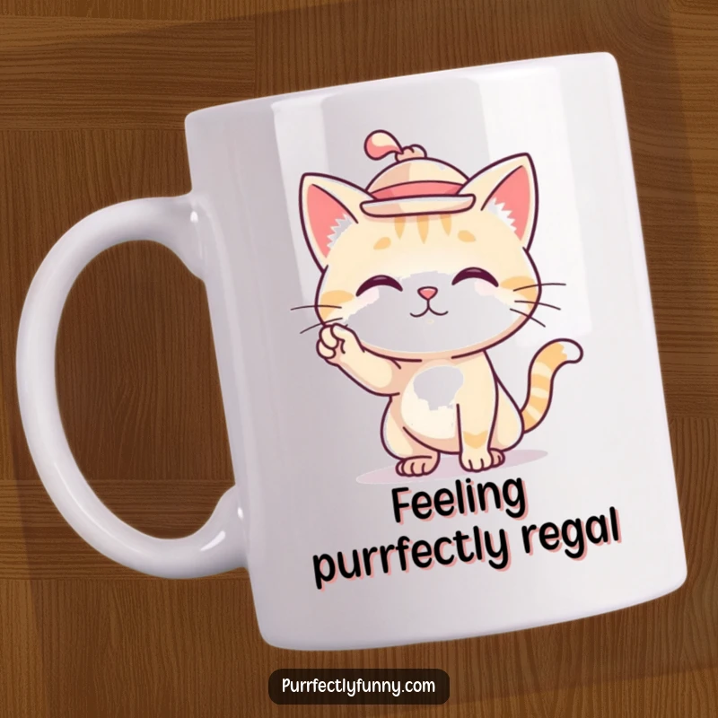 Funny mug showing a cat wearing a tiny hat and striking a fabulous pose.