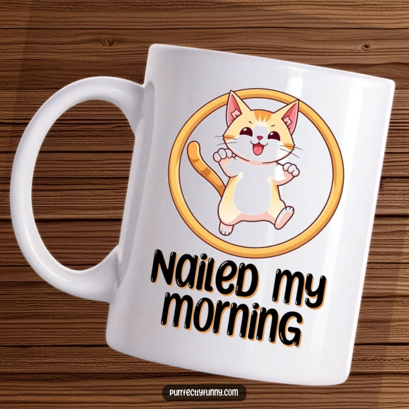 Funny mug with a cat mid-air, triumphantly leaping through a hoop with a proud expression, a humorous achievement.