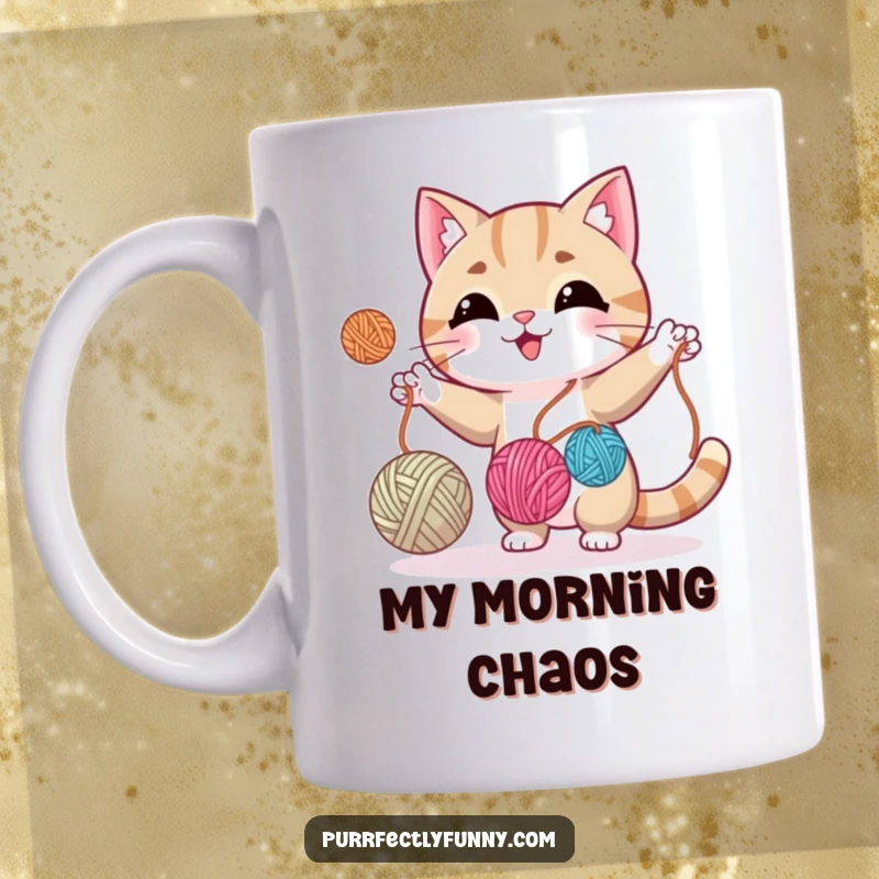 Funny cat skillfully juggling three colorful yarn balls, looking focused and playful on this amusing mug.