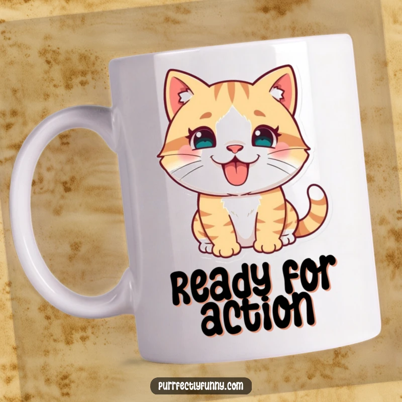 Funny cat in mid-pounce, eyes focused, tongue playfully sticking out, ready to surprise and delight.