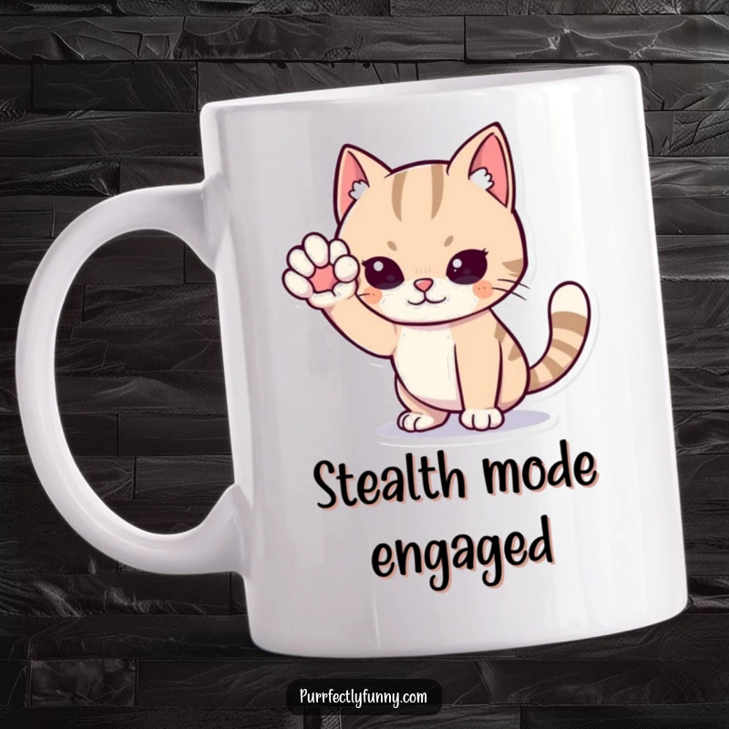 Funny cat mug, a cartoon cat in a dramatic sneaking pose, one paw raised high, eyes narrowed, embodying stealth and playful mischief.