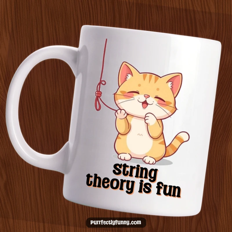 Funny mug showing a cat playfully batting at a dangling string with focused delight and energy.