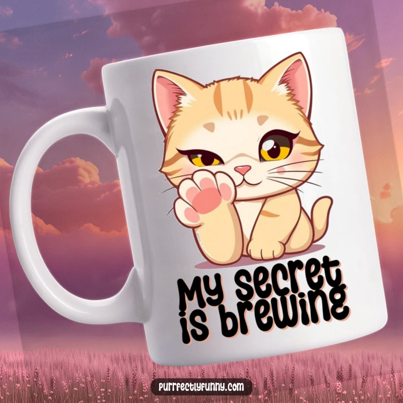 Funny cat with huge eyes peeking and winking from behind its paw on a mug, a secretive and cute expression.