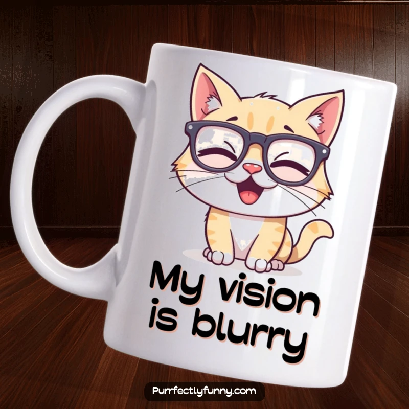Funny cat mug with a character giggling uncontrollably while wearing ridiculously large, silly eyeglasses, perfect for a humorous coffee break.