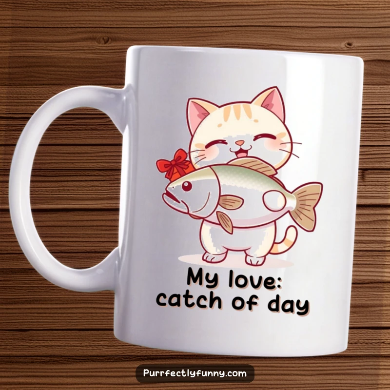 Funny cat mug with a smiling cat character proudly presenting a huge fish, embodying playful generosity and humor.
